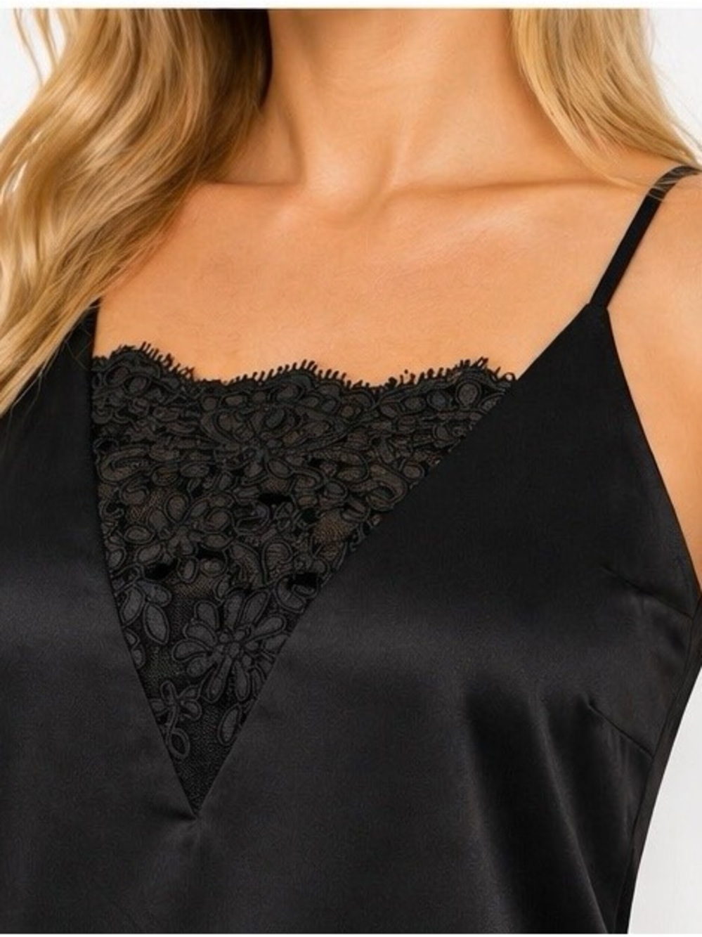 Black Satin Lace Inset Camisole Size Small Adjustable Straps - Picture 3 of 5